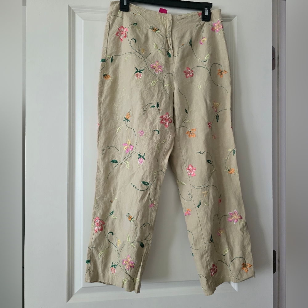 Linen Embroidered Ankle Pants Sunny Leigh Womens 6 Cottage Core Y2k Minimalist